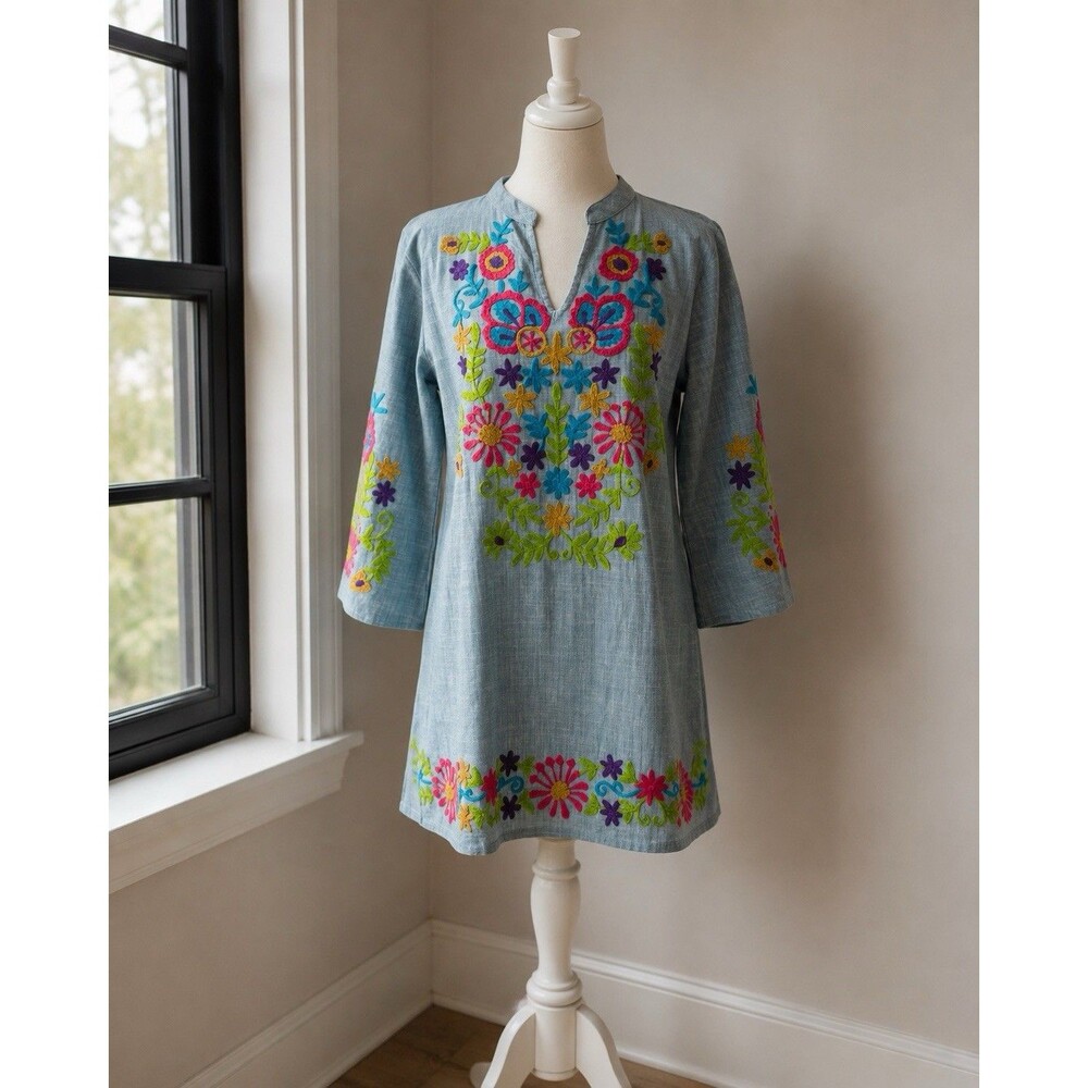 A&A Clothing Boho Embroidered Blue Chambray Peasant Tunic Top 3/4 Sleeves Size S